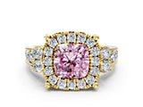 Yellow gold Fancy Pink Cushion  Halo Diamond Engagement Ring with Split Shank and Four-Prong Setting