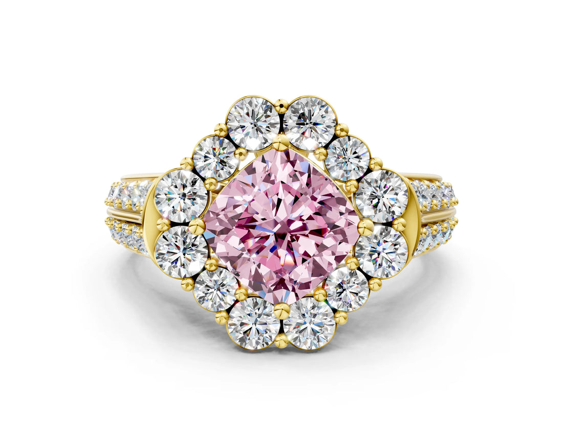 Yellow gold Fancy Pink Cushion  Halo Diamond Engagement Ring with Split Shank and Prong Setting_65