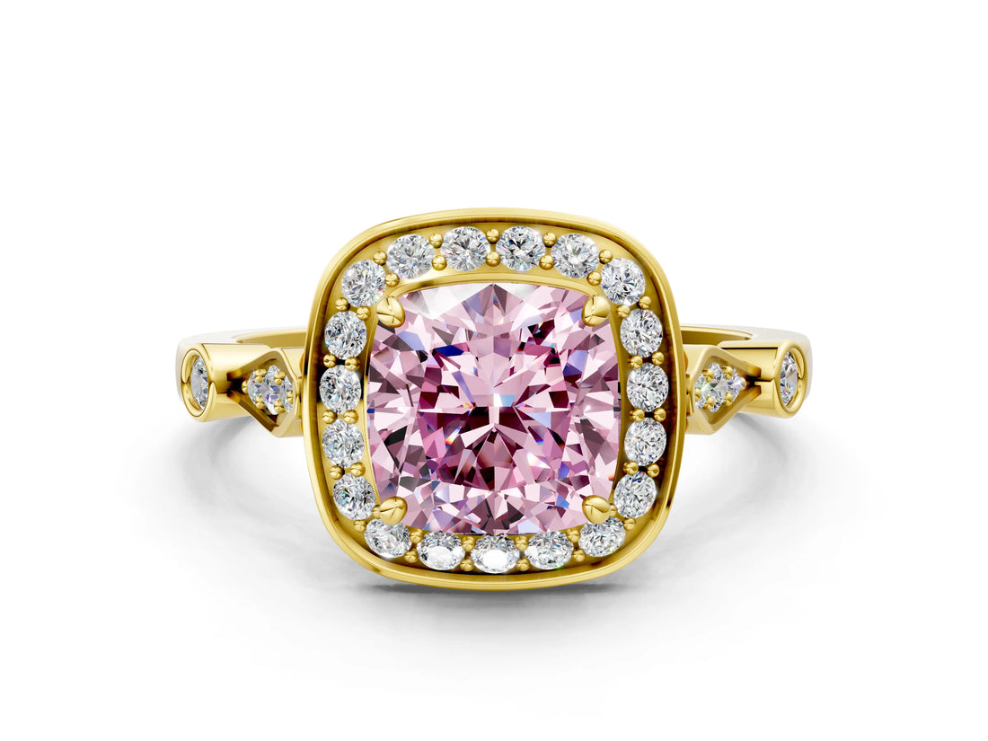 Yellow gold Fancy Pink Cushion  Halo Diamond Engagement Ring with Twisted Band and Four-Prong Setting 1