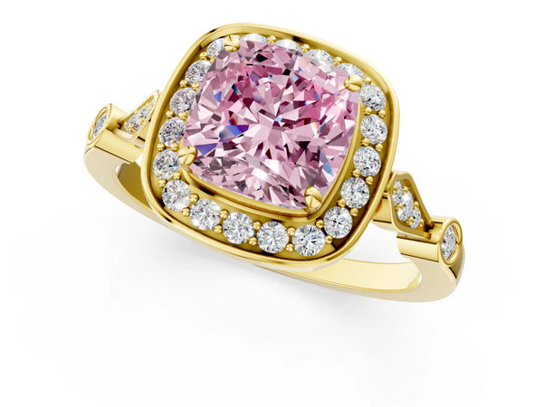 Yellow gold Fancy Pink Cushion  Halo Diamond Engagement Ring with Twisted Band and Four-Prong Setting
