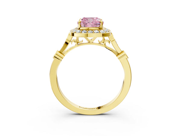 Yellow gold Fancy Pink Cushion  Halo Diamond Engagement Ring with Twisted Band and Four-Prong Setting