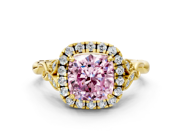 Yellow gold Fancy Pink Cushion  Halo Diamond Engagement Ring with Vintage-Inspired Band and Four-Prong Setting