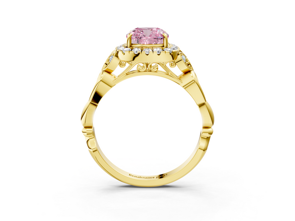 Yellow gold Fancy Pink Cushion  Halo Diamond Engagement Ring with Vintage-Inspired Band and Four-Prong Setting