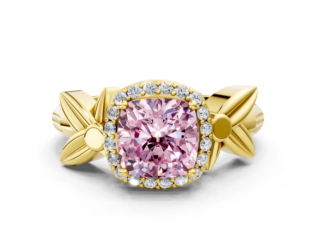 Yellow gold Fancy Pink Cushion  Halo Diamond Floral Band with Four-Prong Setting_55