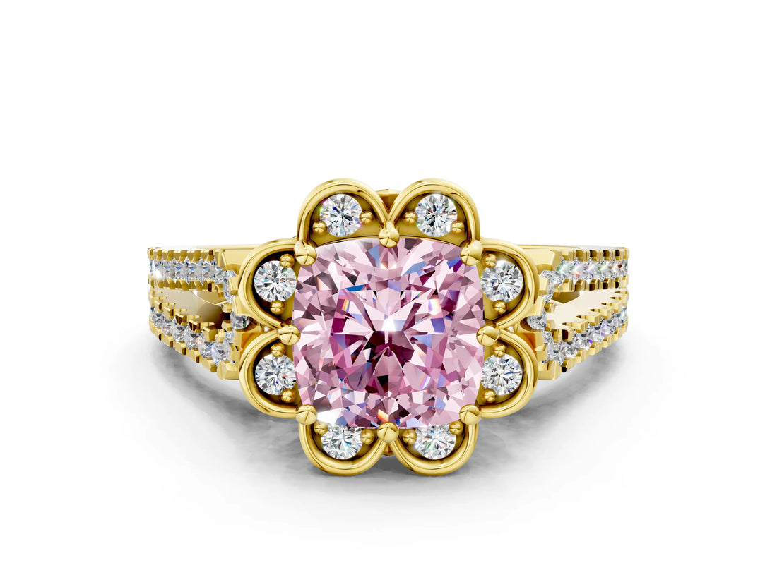Yellow gold Fancy Pink Cushion  Halo Diamond Floral Split Shank Engagement Ring 1