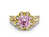 Yellow gold Fancy Pink Cushion  Halo Diamond Floral Split Shank Engagement Ring 1