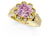 Yellow gold Fancy Pink Cushion  Halo Diamond Floral Split Shank Engagement Ring 2