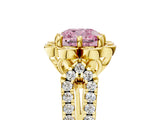 Yellow gold Fancy Pink Cushion  Halo Diamond Floral Split Shank Engagement Ring