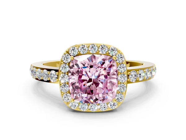 Yellow gold Fancy Pink Cushion  Halo Diamond Pavé Band Ring with Prong Setting