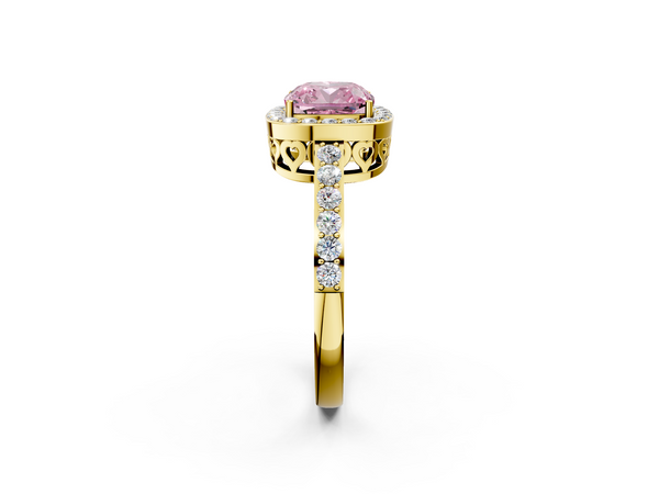 Yellow gold Fancy Pink Cushion  Halo Diamond Pavé Band Ring with Prong Setting