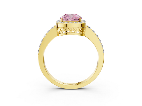 Yellow gold Fancy Pink Cushion  Halo Diamond Pavé Band Ring with Prong Setting