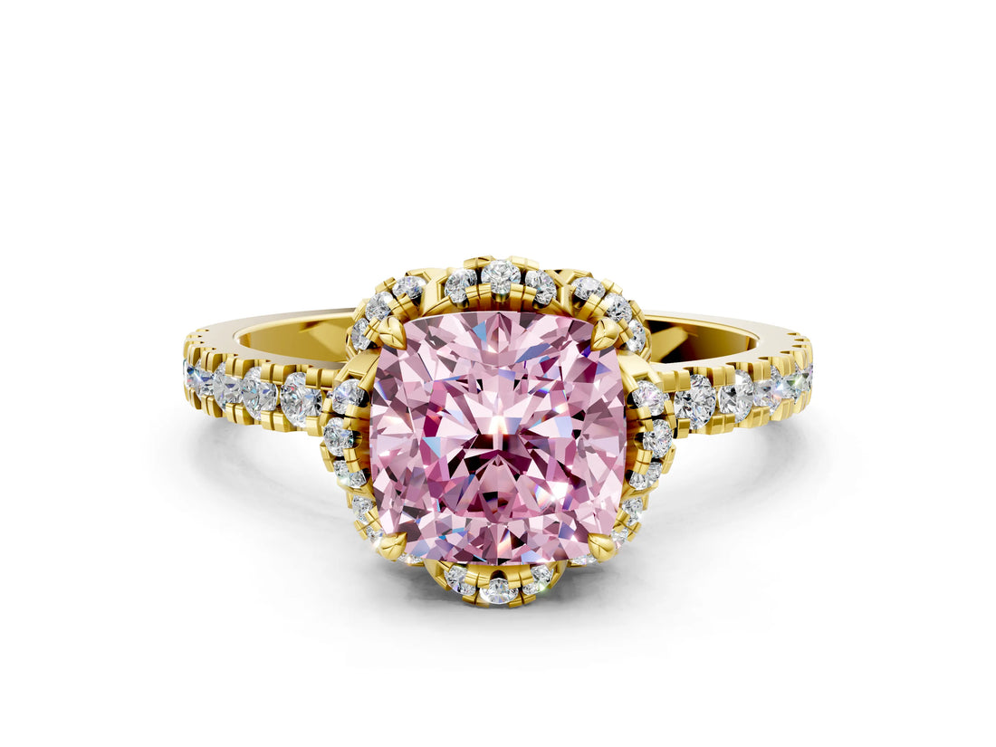 Yellow gold Fancy Pink Cushion  Halo Diamond Pave Band Ring with Four-Prong Setting_15