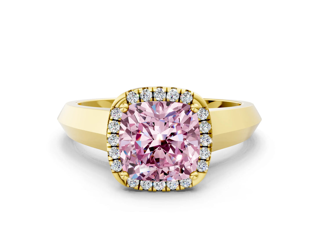 Yellow gold Fancy Pink Cushion  Halo Diamond Ring with Cathedral Band and Four-Prong Setting_48