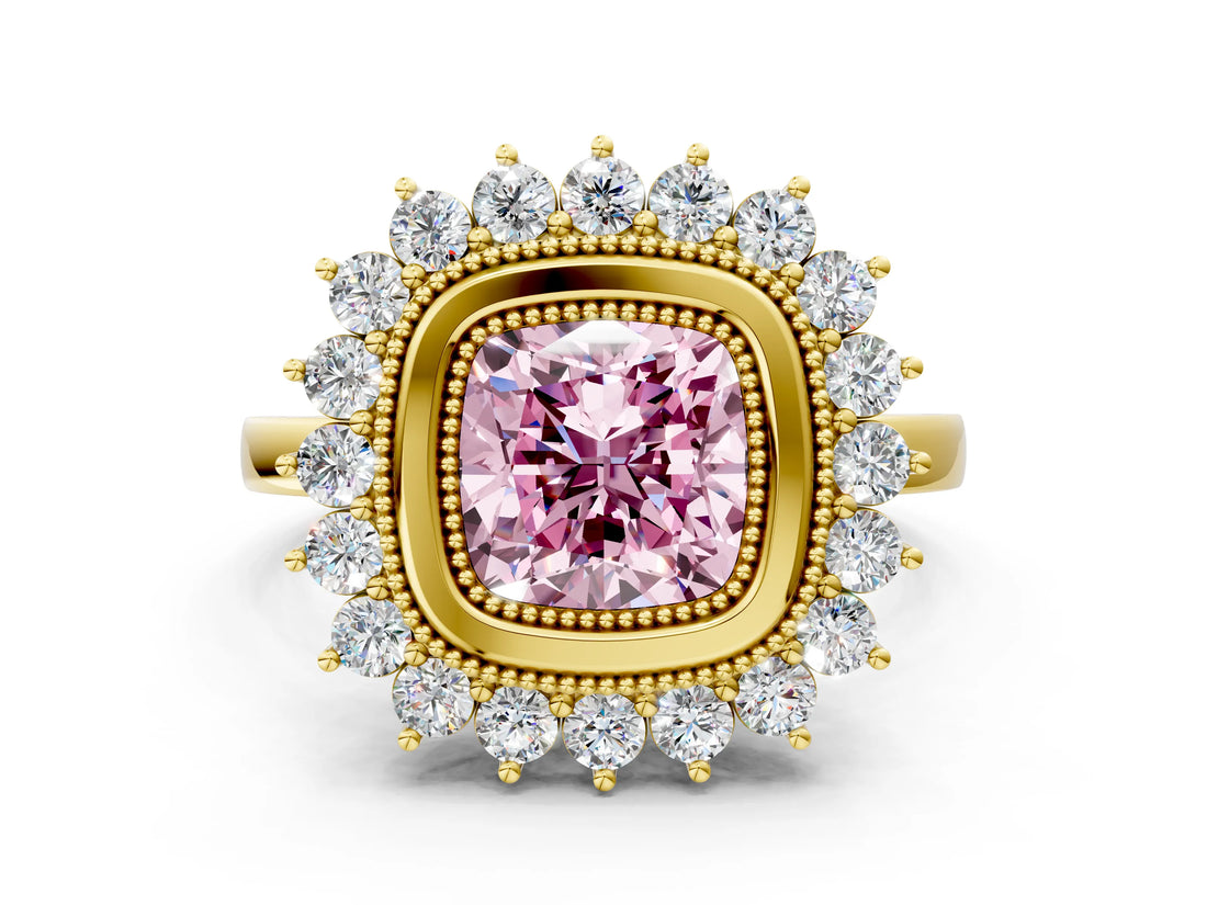Yellow gold Fancy Pink Cushion  Halo Diamond Ring with Milgrain Edge and Round Prong Setting_26