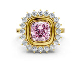 Yellow gold Fancy Pink Cushion  Halo Diamond Ring with Milgrain Edge and Round Prong Setting_26