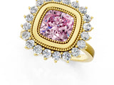 Yellow gold Fancy Pink Cushion  Halo Diamond Ring with Milgrain Edge and Round Prong Setting_27
