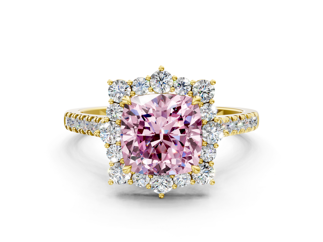 Yellow gold Fancy Pink Cushion  Halo Diamond Ring with Pavé Band and Prong Setting_36