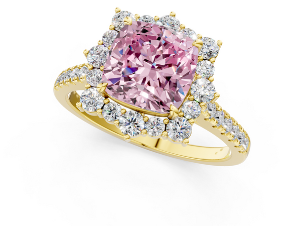 Yellow gold Fancy Pink Cushion  Halo Diamond Ring with Pavé Band and Prong Setting