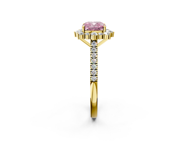 Yellow gold Fancy Pink Cushion  Halo Diamond Ring with Pavé Band and Prong Setting