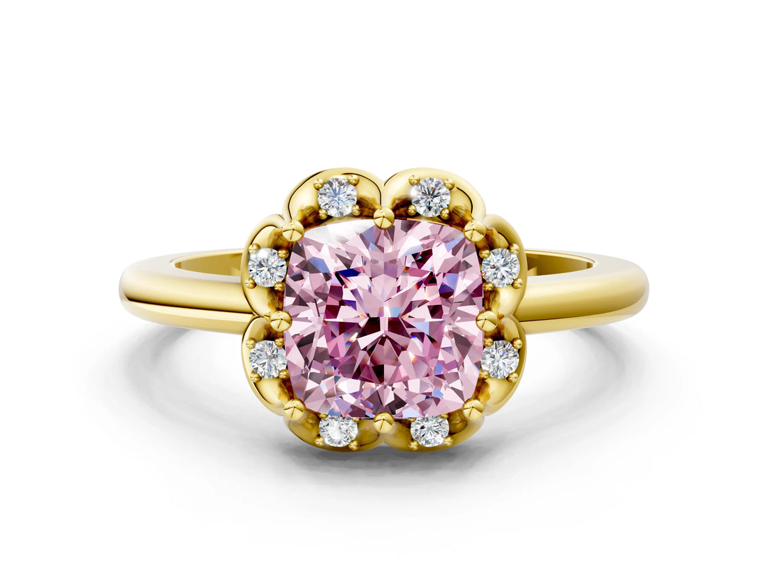 Yellow gold Fancy Pink Cushion  Halo Diamond Ring with Round Cluster Setting, Solitaire Band, and Four-Prong Setting_49