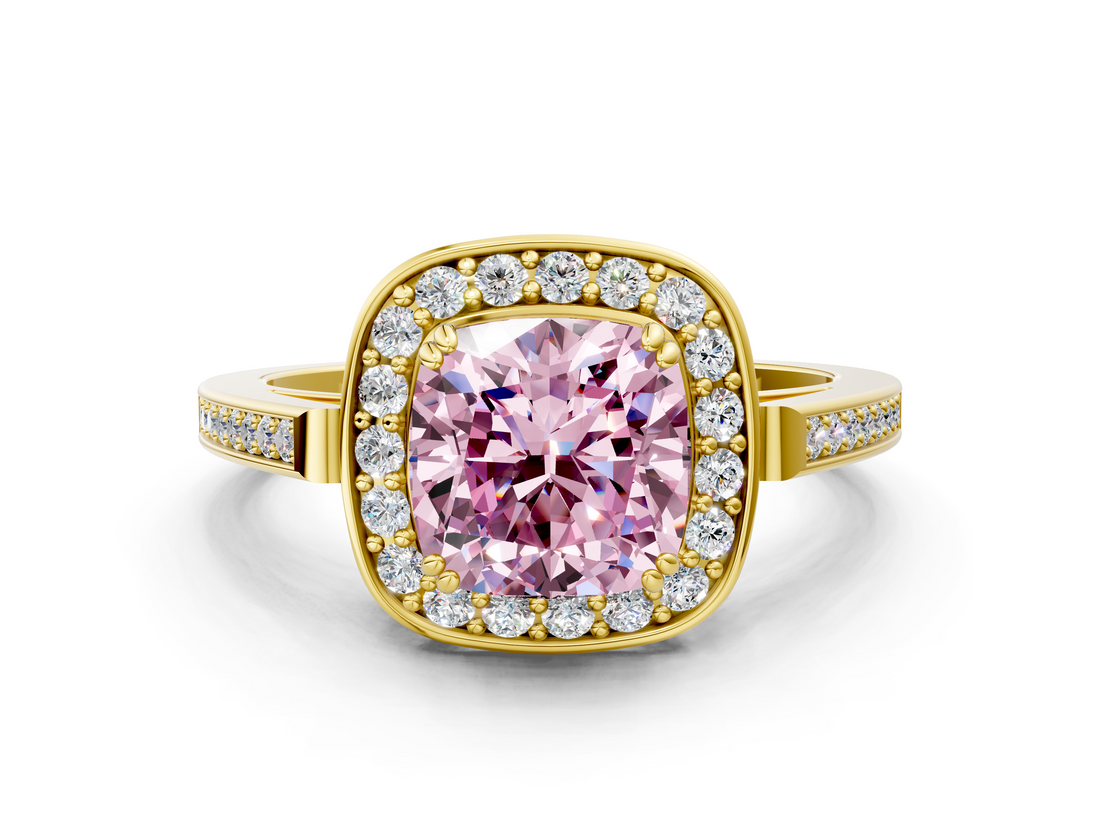 Yellow gold Fancy Pink Cushion  Halo Diamond Ring with Split Shank and Four-Prong Setting_45