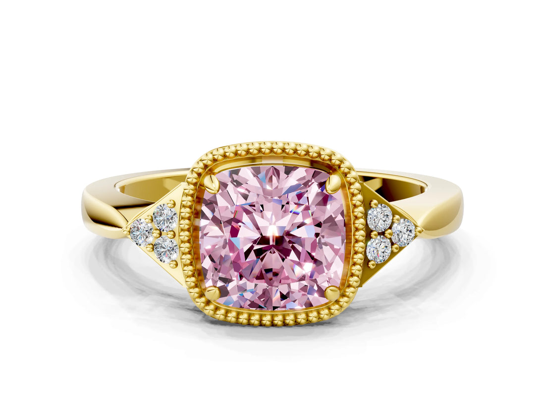 Yellow gold Fancy Pink Cushion  Halo Diamond Ring with Tapered Band and Four-Prong Setting_7