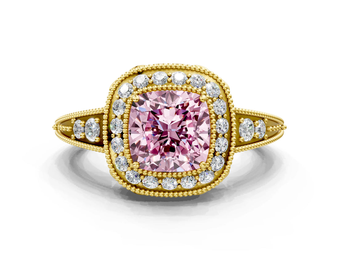 Yellow gold Fancy Pink Cushion  Halo Diamond Split Shank Ring with Milgrain Detail_49