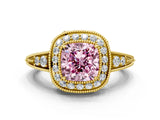 Yellow gold Fancy Pink Cushion  Halo Diamond Split Shank Ring with Milgrain Detail_49