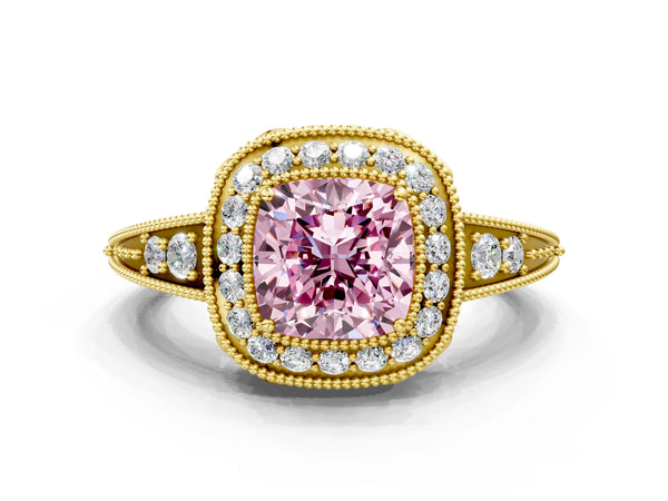 Yellow gold Fancy Pink Cushion  Halo Diamond Split Shank Ring with Milgrain Detail