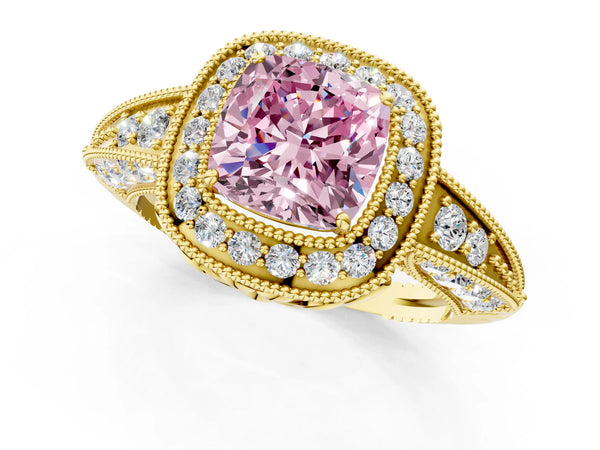 Yellow gold Fancy Pink Cushion  Halo Diamond Split Shank Ring with Milgrain Detail