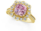 Yellow gold Fancy Pink Cushion  Halo Milgrain Pave Diamond Ring with Four-Prong Setting 1