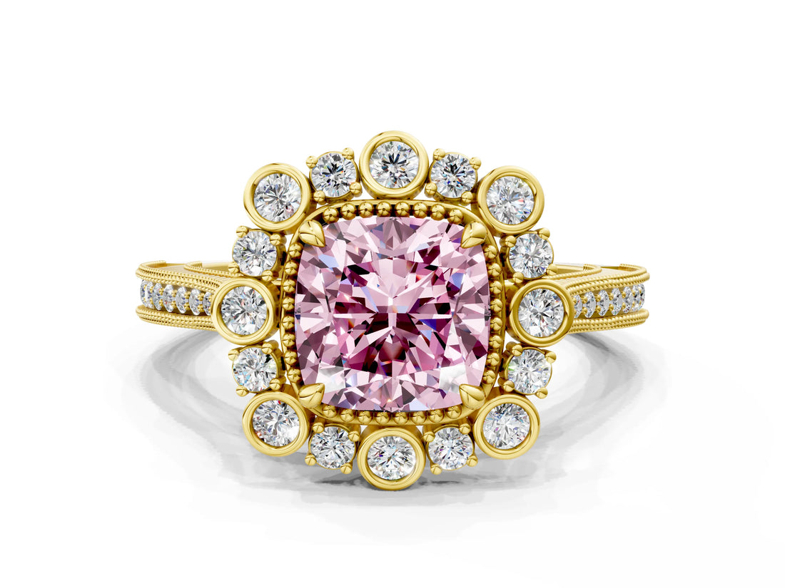 Yellow gold Fancy Pink Cushion  Halo Milgrain Pave Diamond Ring with Four-Prong Setting