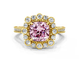 Yellow gold Fancy Pink Cushion  Halo Milgrain Pave Diamond Ring with Four-Prong Setting