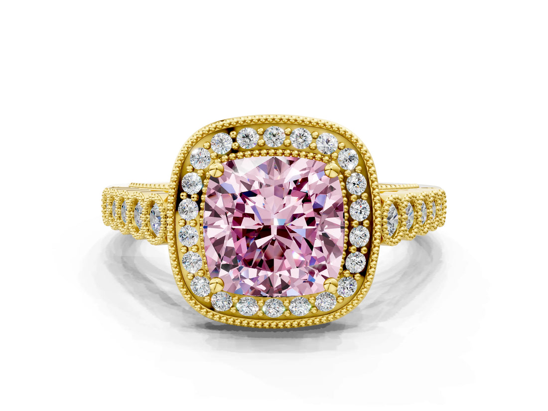 Yellow gold Fancy Pink Cushion  Halo Milgrain Solitaire with Bezel Set Side Stones and Pave Band_33