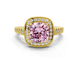 Yellow gold Fancy Pink Cushion  Halo Milgrain Solitaire with Bezel Set Side Stones and Pave Band_33