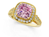 Yellow gold Fancy Pink Cushion  Halo Milgrain Solitaire with Bezel Set Side Stones and Pave Band_34