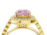 Yellow gold Fancy Pink Cushion  Halo Milgrain Solitaire with Bezel Set Side Stones and Pave Band_37