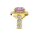 Yellow gold Fancy Pink Cushion  Halo Milgrain Solitaire with Bezel Set Side Stones and Pave Band_38