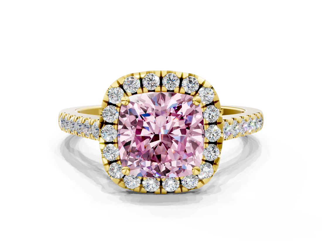 Yellow gold Fancy Pink Cushion  Halo Pavé Diamond Engagement Ring with Four-Prong Setting_3