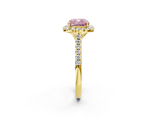 Yellow gold Fancy Pink Cushion  Halo Pavé Diamond Engagement Ring with Four-Prong Setting