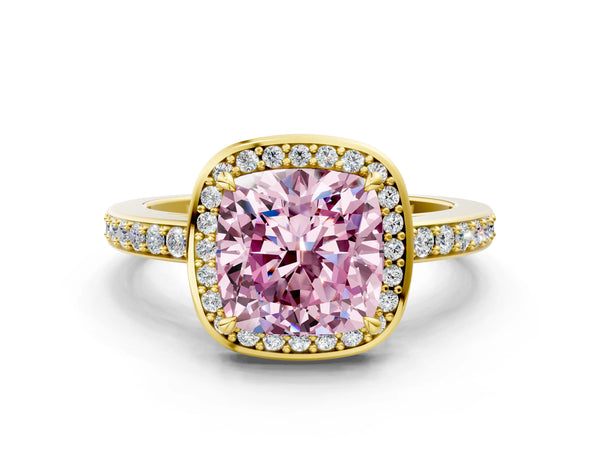 Yellow gold Fancy Pink Cushion  Halo Pave Band Solitaire Ring with Prong Setting