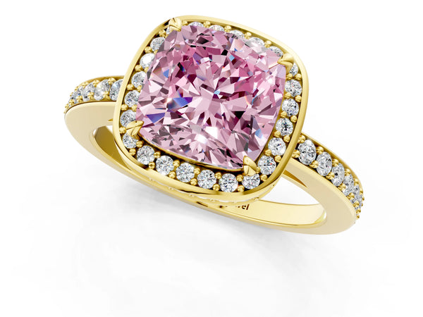 Yellow gold Fancy Pink Cushion  Halo Pave Band Solitaire Ring with Prong Setting