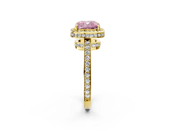 Yellow gold Fancy Pink Cushion  Halo Pave Band Solitaire Ring with Prong Setting