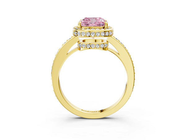 Yellow gold Fancy Pink Cushion  Halo Pave Band Solitaire Ring with Prong Setting