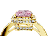 Yellow gold Fancy Pink Cushion  Halo Pave Band Solitaire Ring with Prong Setting_69