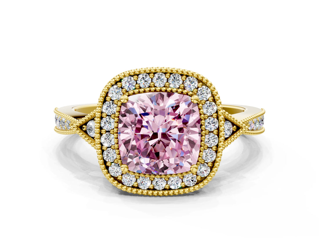 Yellow gold Fancy Pink Cushion  Halo Round Diamond Milgrain Pave Engagement Ring_3