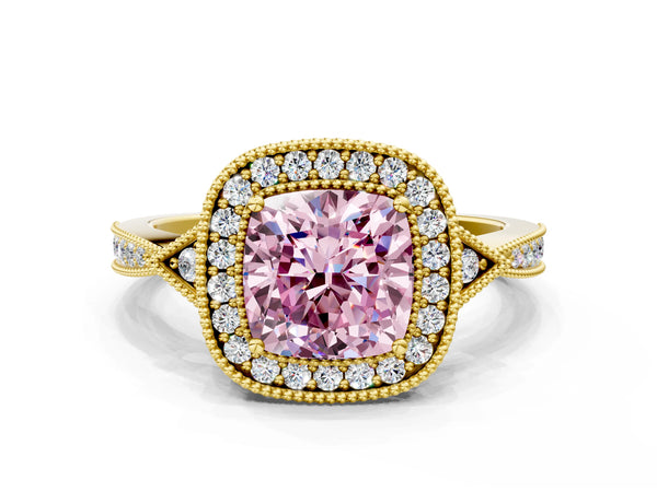 Yellow gold Fancy Pink Cushion  Halo Round Diamond Milgrain Pave Engagement Ring