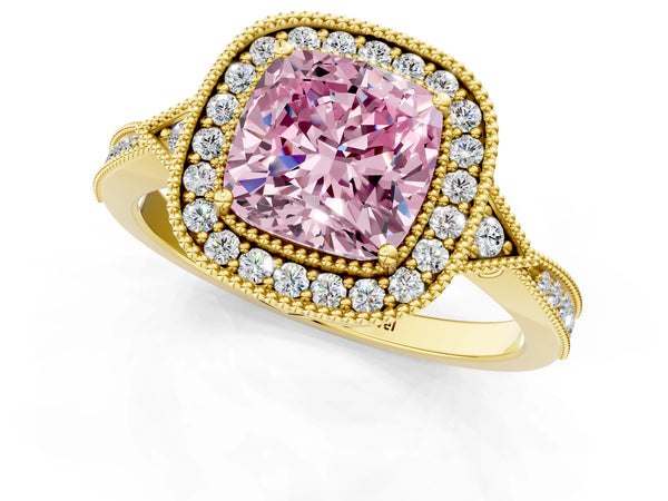 Yellow gold Fancy Pink Cushion  Halo Round Diamond Milgrain Pave Engagement Ring