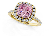 Yellow gold Fancy Pink Cushion  Halo Round Diamond Pavé Band Four-Prong Ring_4