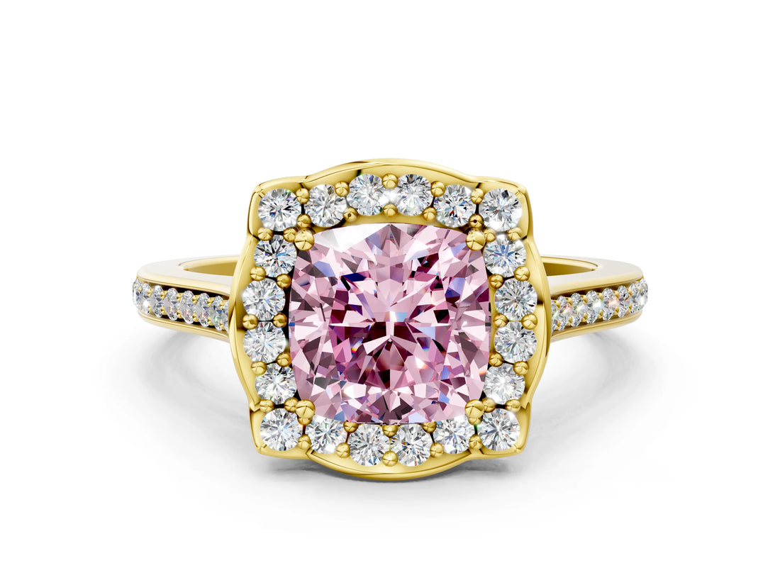 Yellow gold Fancy Pink Cushion  Halo Round Diamond Pave Band with Four-Prong Setting_37